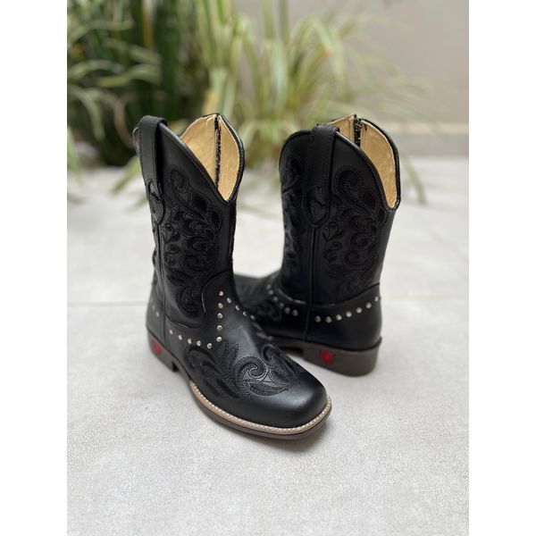 TEXANA INFANTIL EM COURO PRETO BORDADO ALL BLACK COM METAIS 