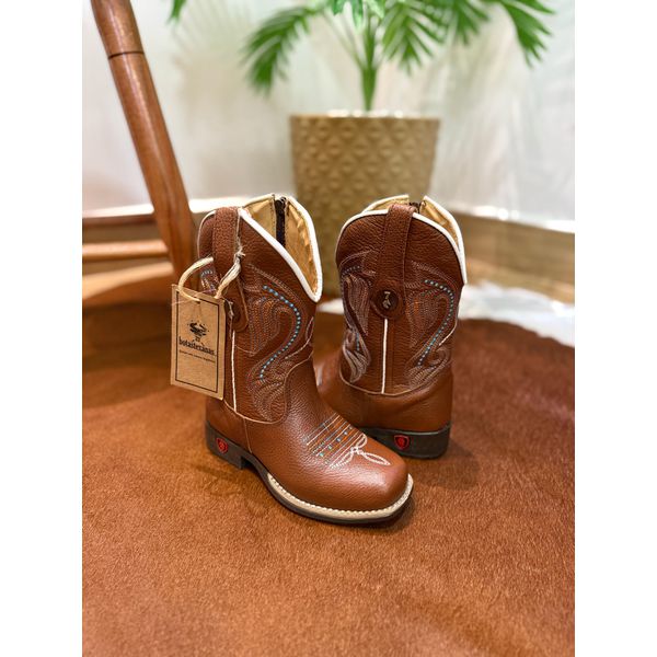 BOTA TEXANA INFANTIL EM COURO MUSTANG BORDADO PONTILHADO AZUL