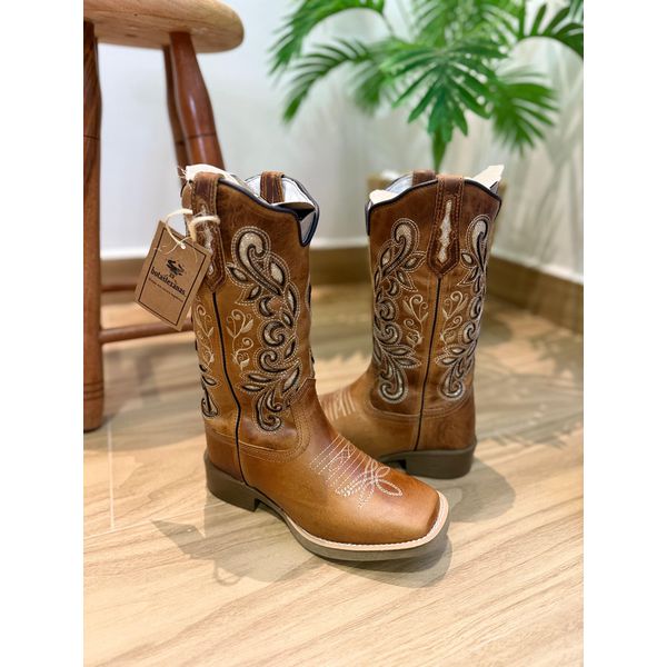 PRONTA ENTREGA - BOTA TEXANA EM COURO CARAMELO A LASER GLITTER DOURADO FLORAO