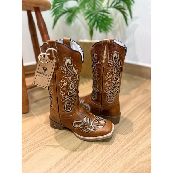 PRONTA ENTREGA - BOTA TEXANA EM COURO CARAMELO A LASER GLITTER DOURADO INTEIRA
