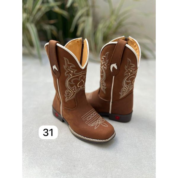 PRONTA ENTREGA - BOTA TEXANA INFANTIL EM COURO MARROM BASICA BORDADO BEGE