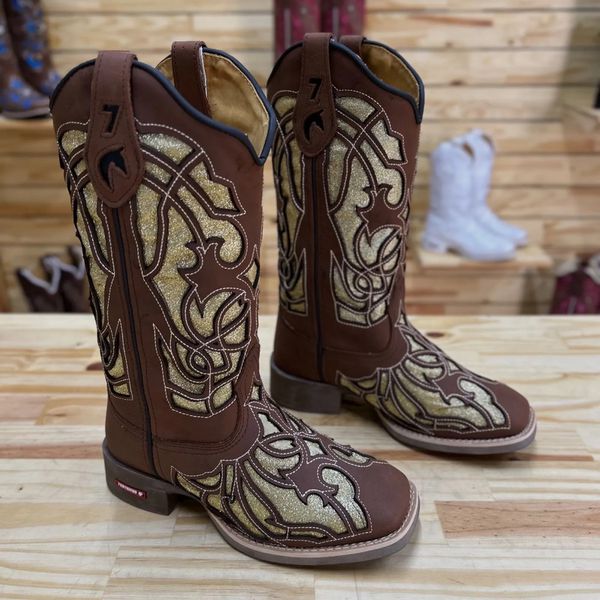 PRONTO ENTREGA - BOTA TEXANA EM COURO MARROM A LASER GLITTER DOURADO PIPOCO
