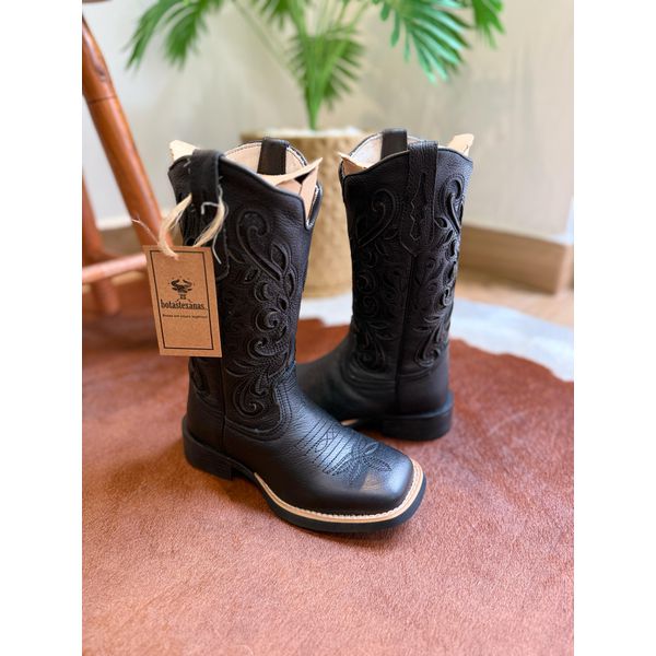 PRONTA ENTREGA - BOTA TEXANA EM COURO ALL BLACK A LASER GLITTER PRETO