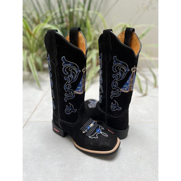 BOTA TEXANA EM COURO PRETO BORDADO NOSSA SENHORA AZUL