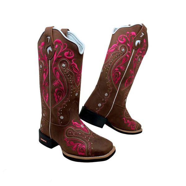 BOTA TEXANA EM COURO CAFÉ BORDADO TRIBAL ROSA