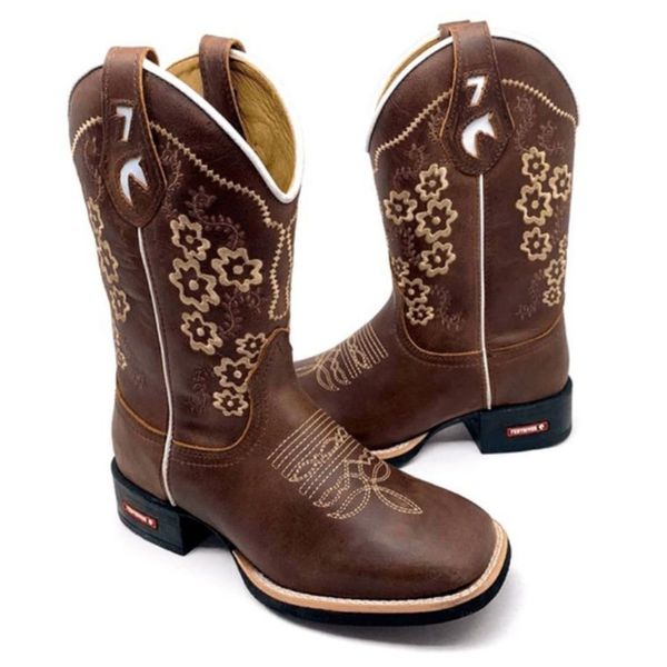BOTA TEXANA EM COURO BORDADO FLORES BEGE E MARROM