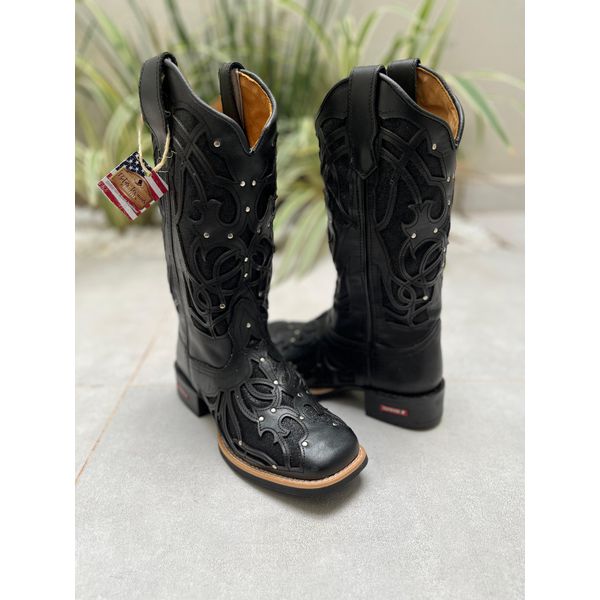 BOTA TEXANA EM COURO COM LASER GLITTER PRETO