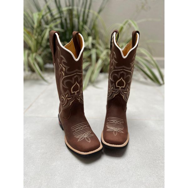 BOTA TEXANA EM COURO HORSE CAFÉ BASICA BORDADO BEGE