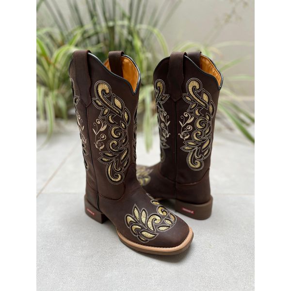 BOTA TEXANA EM COURO CAFE A LASER GLITTER DOURADO