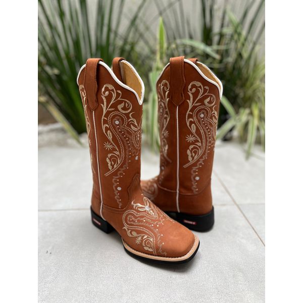 BOTA TEXANA EM COURO HORSE TELHA BORDADO TRIBAL DOURADO