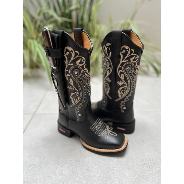 BOTA TEXANA EM COURO PRETO BORDADO TRIBAL + BAINHA + FACA