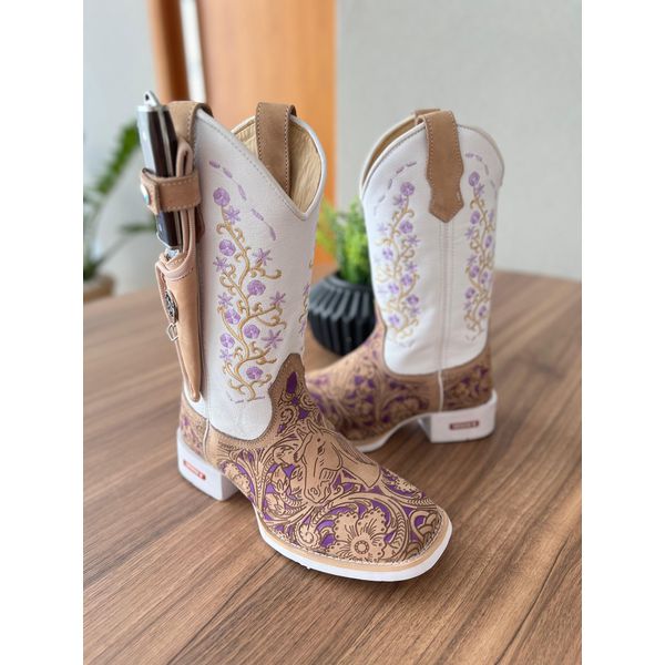 BOTA TEXANA EM COURO A LASER PINTURA CAVALO E BORDADO FLORES ROXO + BAINHA + FACA