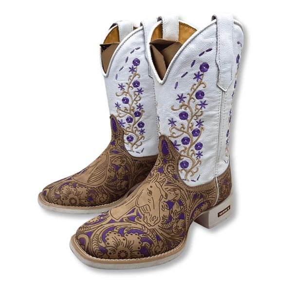 BOTA TEXANA EM COURO A LASER PINTURA CAVALO E BORDADO FLORES ROXO CANO TRADICIONAL 