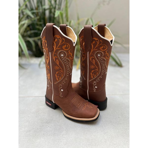 BOTA TEXANA EM COURO BORDADO TRIBAL LARANJA E BRANCO