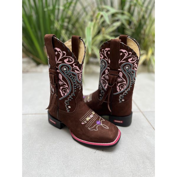 BOTA TEXANA EM COURO BORDADO TRIBAL AZUL E ROSA COM TRICE E CORDINHAS CANO TRADICIONAL