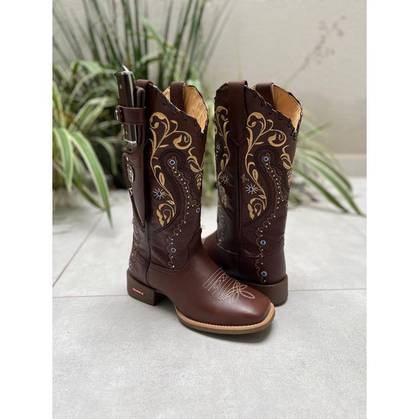 BOTA TEXANA EM COURO BORDADO TRIBAL COM KIT FACA + TRICE 