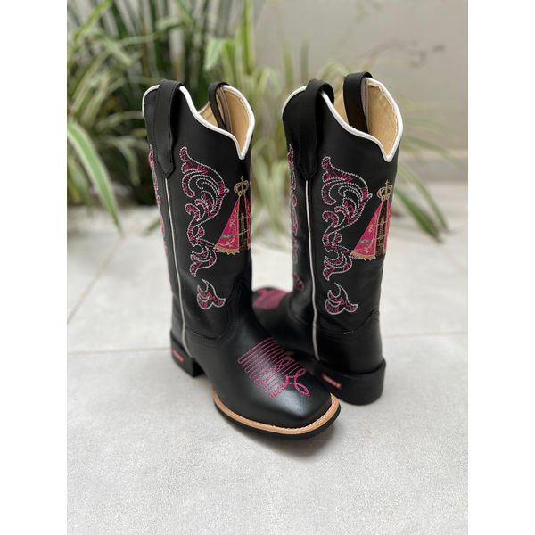 BOTA TEXANA EM COURO BORDADO FLORÃO + NOSSA SENHORA ROSA