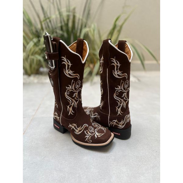 KIT TEXANA COURO MARROM BORDADO FLORES + BAINHA + FACA