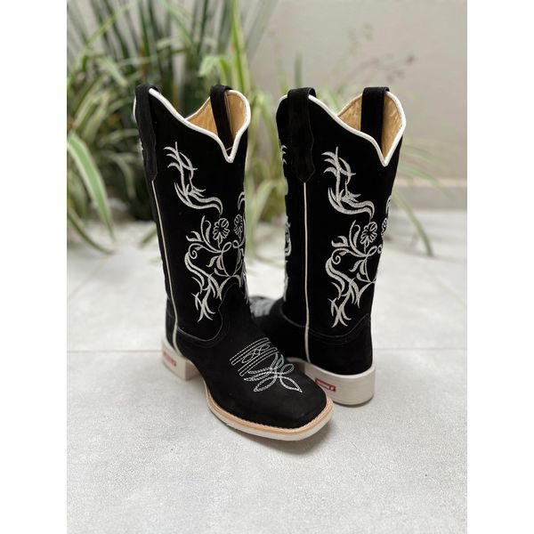 BOTA TEXANA EM COURO NOBUCK PRETO BORDADO FLORES E SOLADO BRANCO 