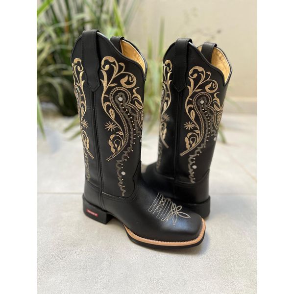 BOTA TEXANA EM COURO PRETO BORDADO TRIBAL BEGE 