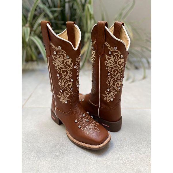 BOTA TEXANA EM COURO BORDADO RAMOS AMANDA COM METAIS STRASS