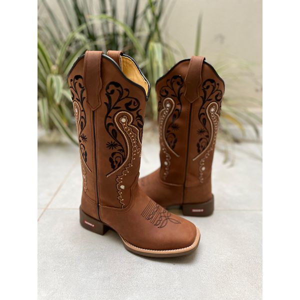 BOTA TEXANA EM COURO MARROM BORDADO TRIBAL + FLORAO SOLADO MARROM