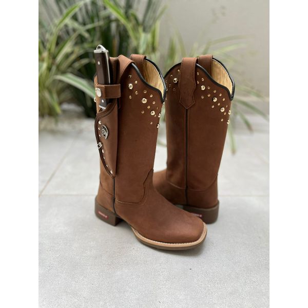 BOTA TEXANA EM COURO CAFÉ BASICA COM METAIS SOLADO MARROM + KIT FACA