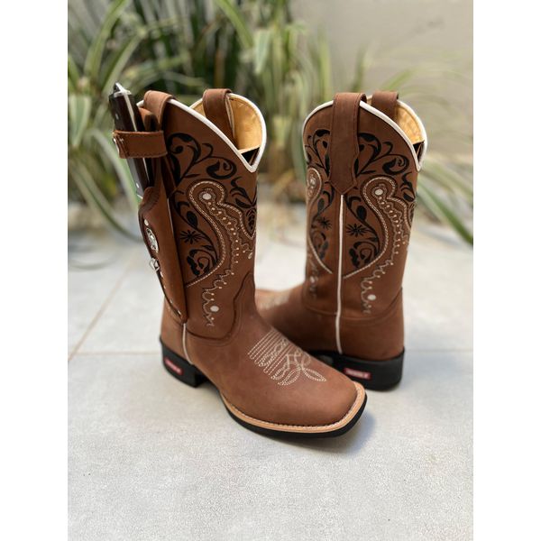 BOTA TEXANA EM COURO BORDADO TRIBAL E FLORAO + BAINHA + FACA