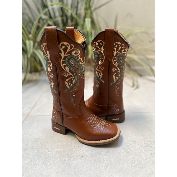 BOTA TEXANA EM COURO MUSTANG BORDADO TRIBAL E FLORAO 