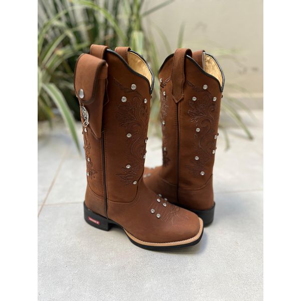 BOTA TEXANA EM COURO MARROM BORDADO RAMOS + METAIS STRASS + KIT CANIVETE