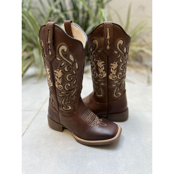 BOTA TEXANA EM COURO MARROM BASICA LASER GLITTER DOURADO FLORAO MANU