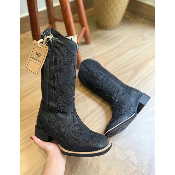 BOTA TEXANA EM COURO PRETO LASER ALL BLACK
