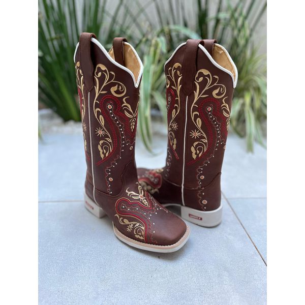 BOTA TEXANA EM COURO BORDADO TRIBAL VERMELHO E BEGE