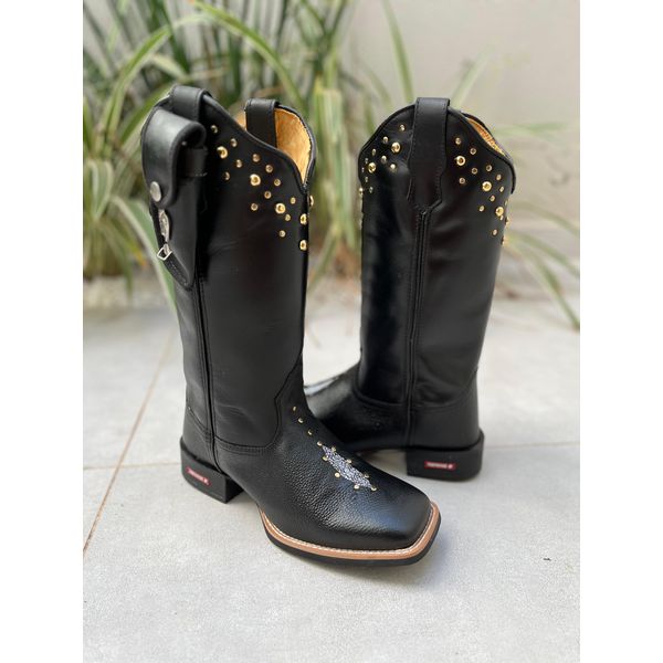 BOTA TEXANA EM COURO PRETO ARRAIA + METAIS + BAINHA E CANIVETE