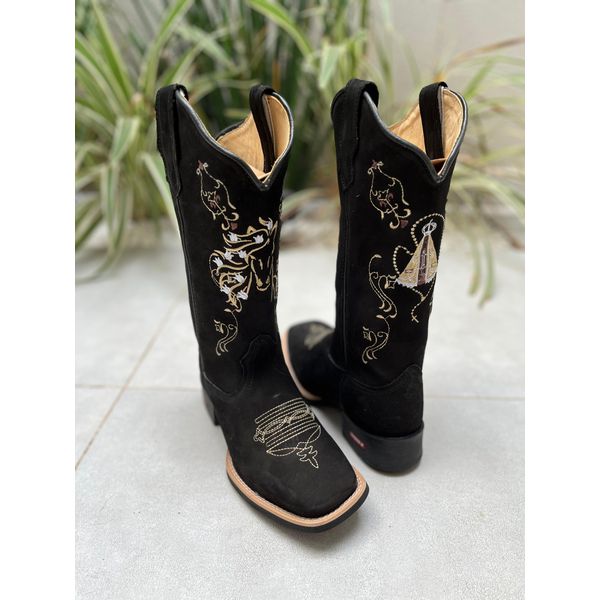 BOTA TEXANA EM COURO NOBUCK PRETO BORDADO CAVALO + NOSSA SENHORA