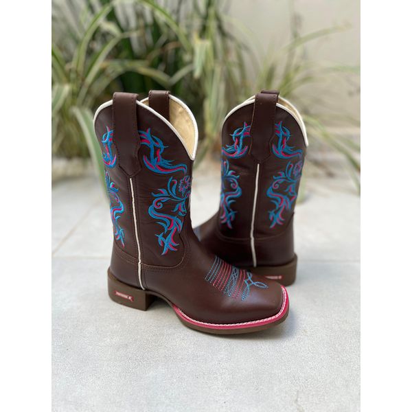 BOTA TEXANA EM COURO MARROM BORDADO FLORES AZUL E ROSA VIRA ROSA