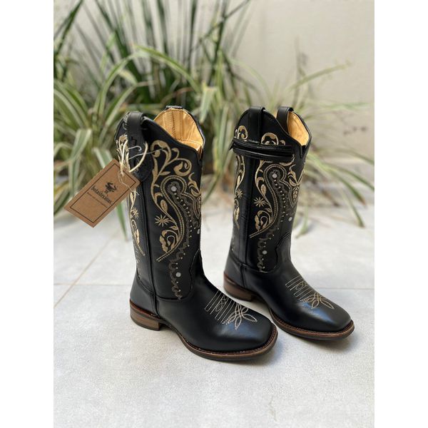 BOTA TEXANA EM COURO PRETO TRIBAL SOLA RUSTICA COM BOLSO PARA CELULAR