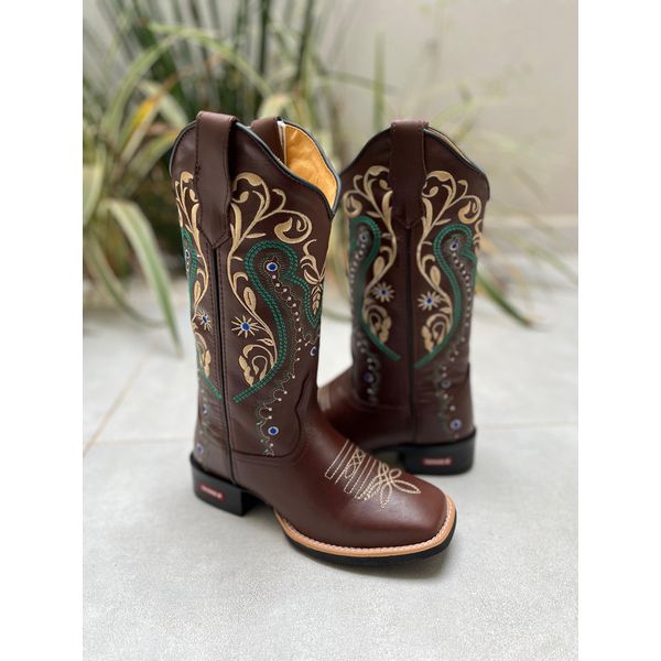 BOTA TEXANA EM COURO TRIBAL VERDE + FLORAO BEGE