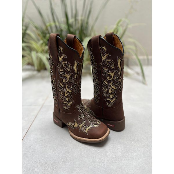 BOTA TEXANA EM COURO MARROM A LASER CRUZ COM GLITTER DOURADO