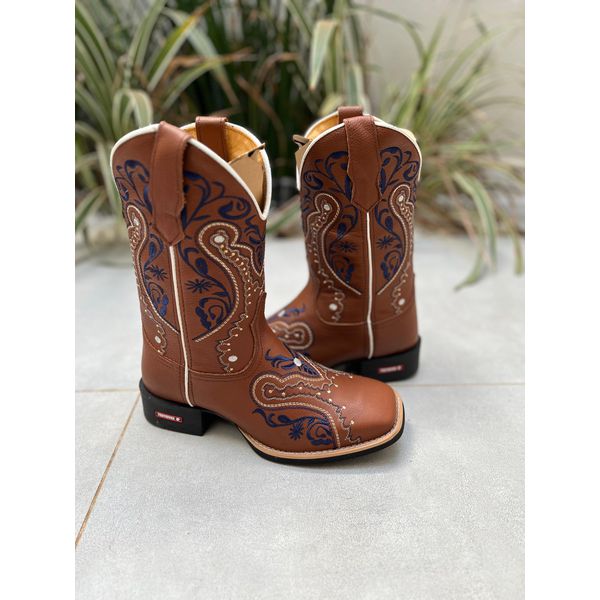 BOTA TEXANA EM COURO MUSTANG CANO TRADICIONAL BORDADO TRIBAL AZUL
