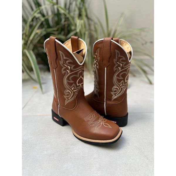 BOTA TEXANA EM COURO MUSTANG BORDADO BASICO BEGE CANO TRADICIONAL SOLADO PRETO