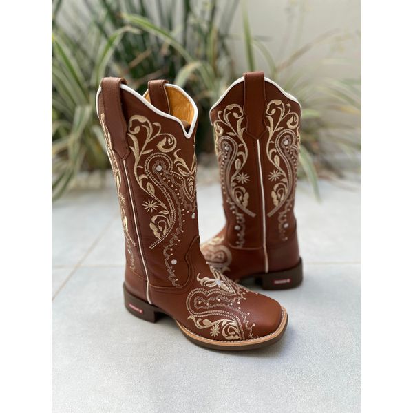 BOTA TEXANA EM COURO MUSTANG BORDADO TRIBAL BEGE