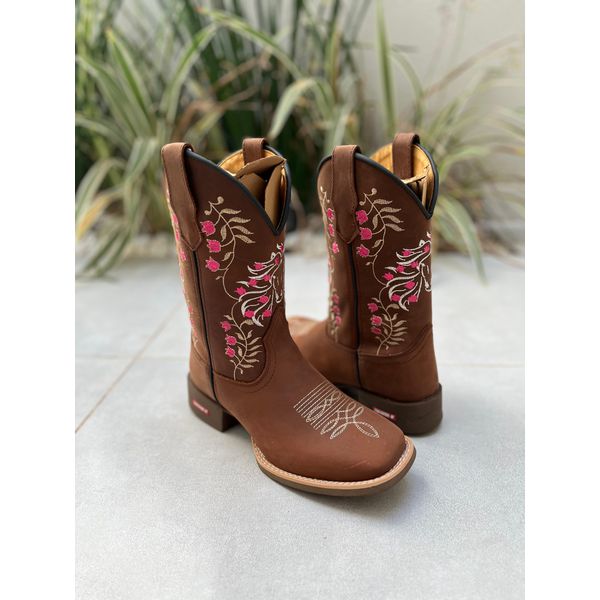 BOTA TEXANA EM COURO MARROM BORDADO CAVALO ROSA
