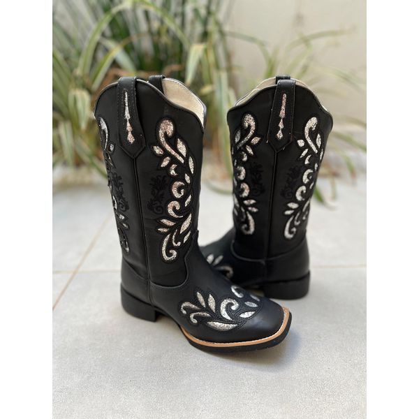 BOTA TEXANA EM COURO PRETO A LASER GLITTER PRATA