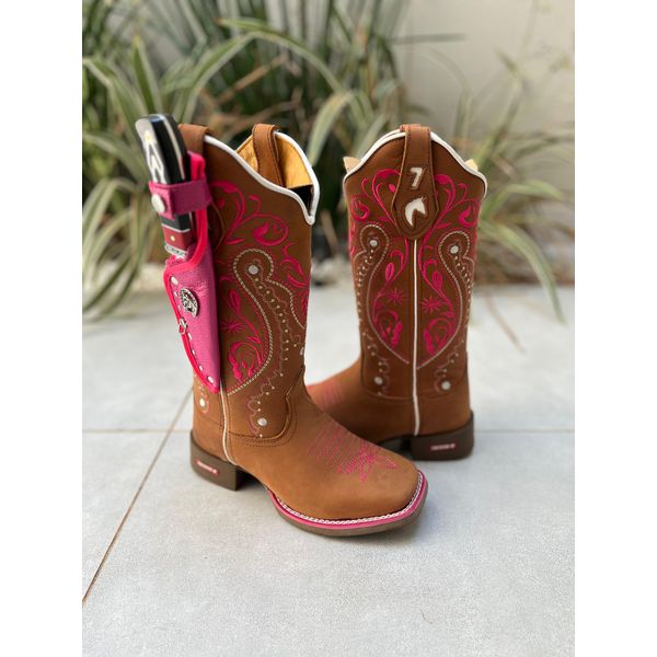 KIT BOTA TEXANA EM COURO HORSE HAVANA BORDADO TRIBAL + VIRA ROSA + BAINHA + FACA
