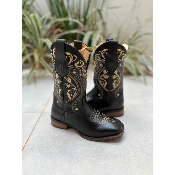 BOTA TEXANA EM COURO PRETO BORDADO TRIBAL E FLORAO SOLA RUSTICA CANO TRADICIONAL