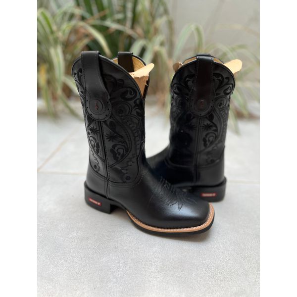BOTA TEXANA EM COURO ALL BLACK BORDADO TRIBAL CANO TRADICIONAL