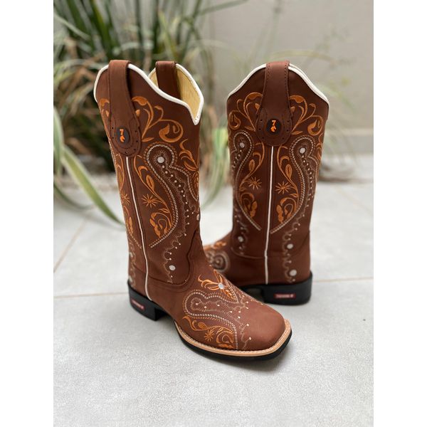 BOTA TEXANA EM COURO BORDADO TRIBAL LARANJA