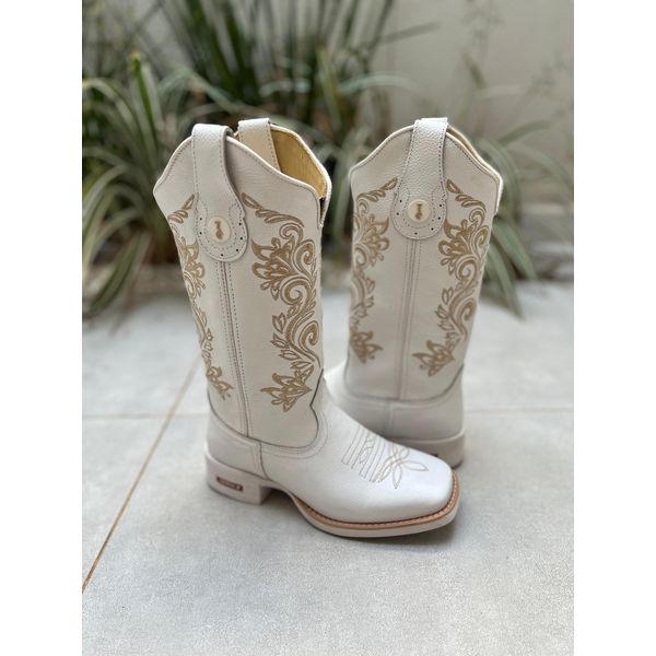 BOTA TEXANA EM COURO BRANCO BORDADO RAMOS DOURADO