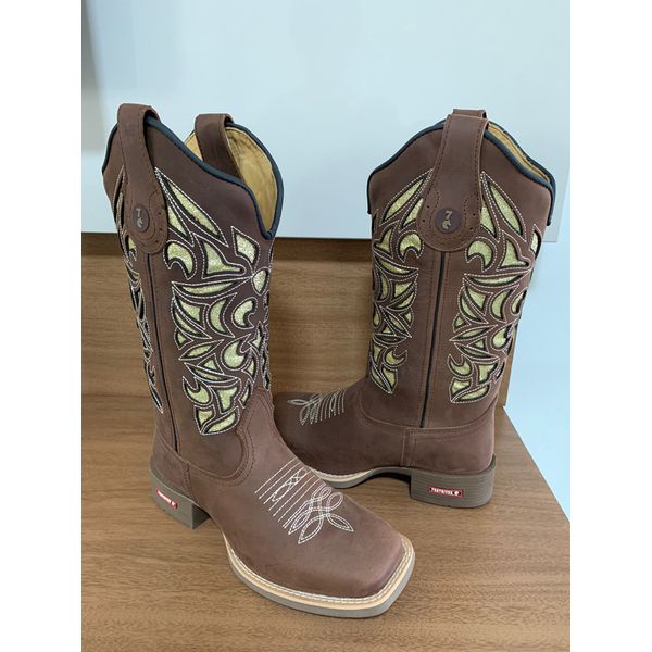 BOTA TEXANA EM COURO A LASER GLITTER DOURADO BORDADO FORMAS